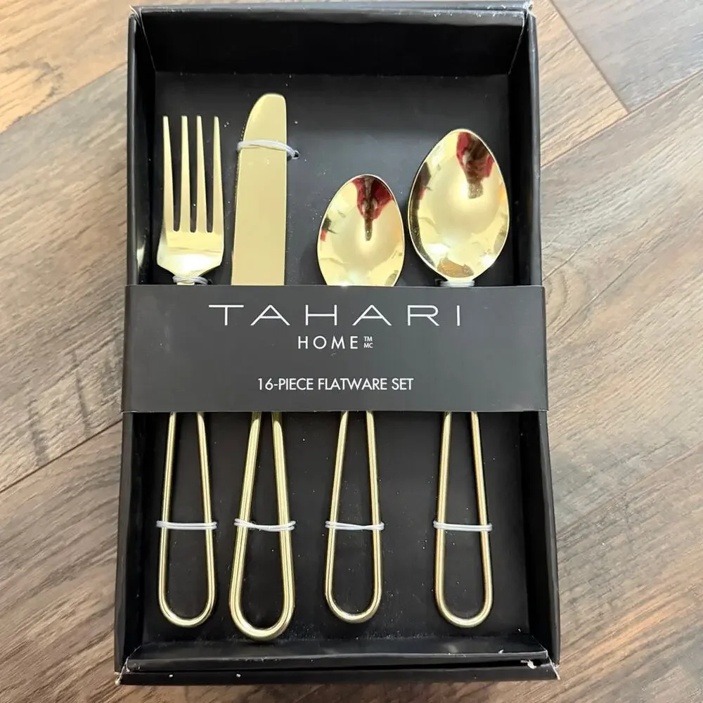 Tahari Home Cutlery Flatware gold color MCM style dining mid-century modern